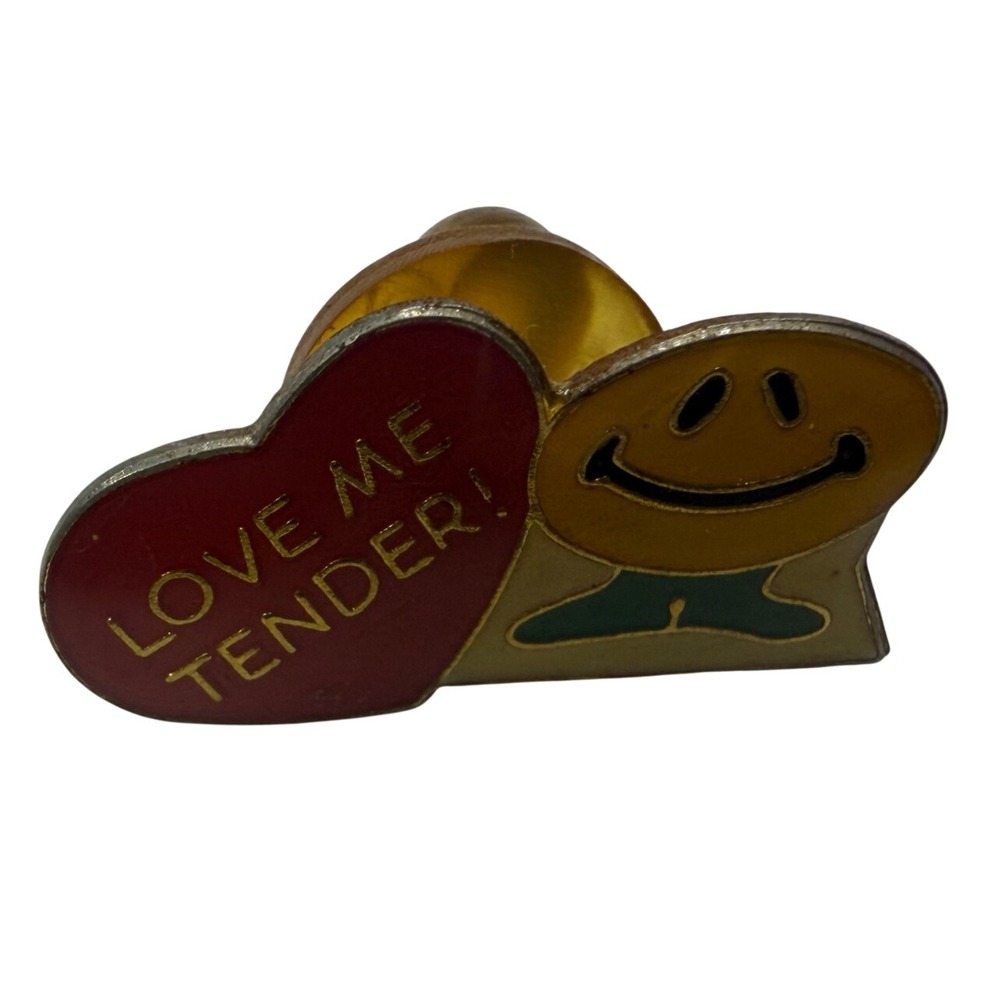 Vintage Love Me Tender Heart Smiley Face Enamel Lapel Pin Retro Yellow Red Gold